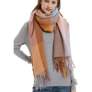 Women's Big Camel Pink Fashion Long Shawl Big Grid Winter Warm Lattice Scarfs